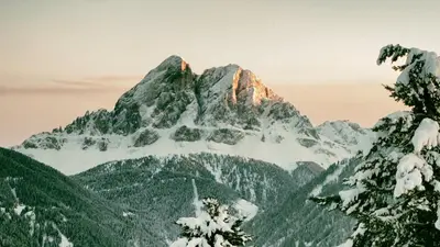 a mountain covered in snow with trees in the foreground at Herol - my mountain retreat in Luson