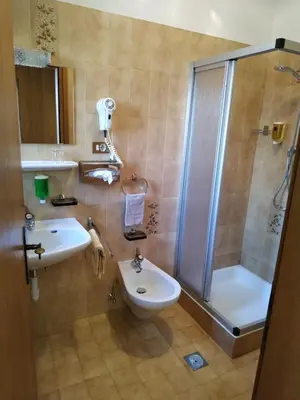 a bathroom with a sink and a shower and a toilet at Pension Lafod in Tirolo
