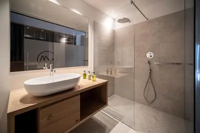 a bathroom with a sink and a shower at Alpinhotel Vajolet - Adults only in Tires