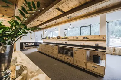 a large room with wooden cabinets and a potted plant at Hotel Chalet S - Dolomites Design - adults recommended in Selva di Val Gardena