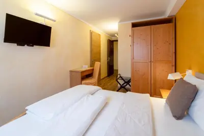 a bedroom with a bed with a television on the wall at Negritella Sweet Hotel in Ziano di Fiemme