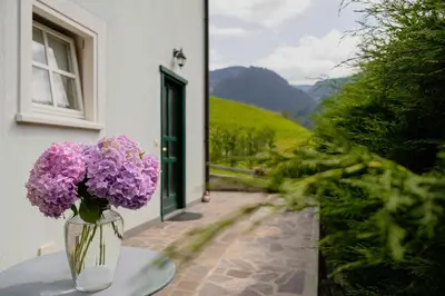 a vase filled with purple flowers sitting on a table at La Piccola Casa Verde in Canale San Bovo