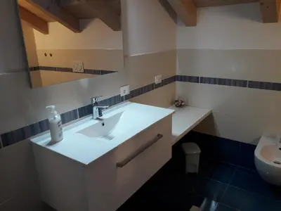 a bathroom with a sink and a mirror and a toilet at HartlHof in Proves
