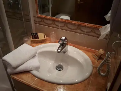 a sink in a bathroom with a mirror and towels at Hotel Garni Concordia - Dolomites Home in Selva di Val Gardena