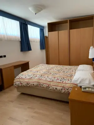 a bedroom with a bed with wooden cabinets and a desk at Garni Enrosadira in Vigo di Fassa