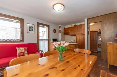 a living room with a vase of flowers on a wooden table at Condominio Le Marmotte in Selva di Cadore