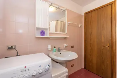 a bathroom with a sink and a toilet and a mirror at Condominio Le Marmotte in Selva di Cadore