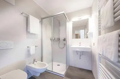 a bathroom with a shower and a toilet and a sink at Hotel Garni Morene in Selva di Val Gardena