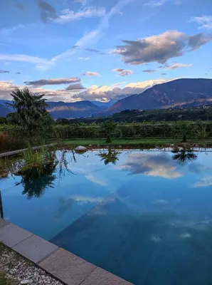 a pool of blue water with mountains in the background at Oberberghof in Appiano sulla Strada del Vino