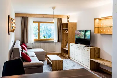 a living room with a couch and a tv at Apartment Rainer in Ortisei