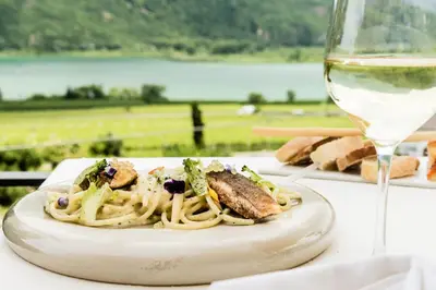 a plate of pasta with meat and a glass of wine at Hotel Haus am Hang in Caldaro