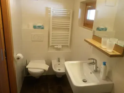a white bathroom with a toilet and a sink at Hotel Mair in Campo Tures
