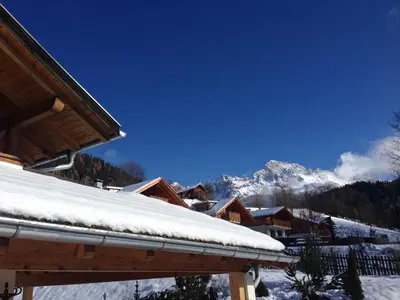 a snow covered roof of a house with a mountain at Haus Traudi in Nova Ponente