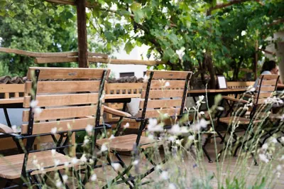 two wooden chairs sitting at a table in a garden at 1477 Reichhalter, a Member of Design Hotels in Lana