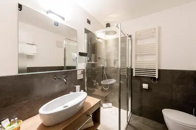 a bathroom with a sink and a glass shower at Chalet Aster in Moena