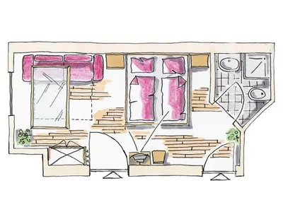an illustration of a living room with pink furniture at Residence Araldina in San Cassiano