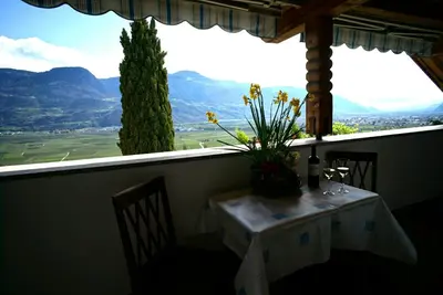 a table and chairs in a room with a view at Schwaningerhof in Cermes
