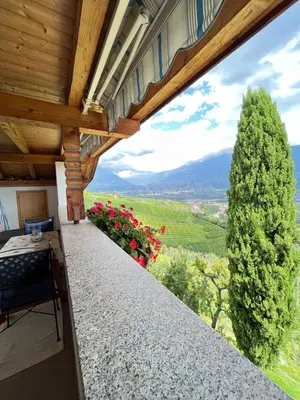 a view from the balcony of a house with flowers at Schwaningerhof in Cermes