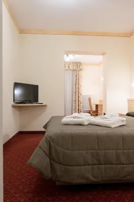 a bedroom with a bed and a flat screen tv at Hotel Crepei in Pozza di Fassa