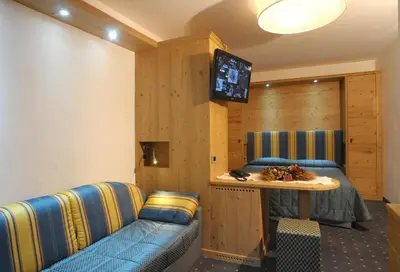 a room with a couch and a table and a tv at Sporthotel Europa Sul Lago in Alleghe
