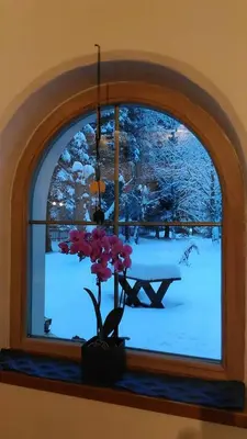 an arched window with a vase with flowers in front of a table at Park Hotel Miramonti in San Martino di Castrozza