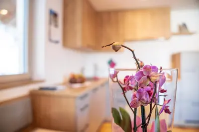 a vase with flowers on a table in a kitchen at Trafisolerhof in Vols am Schlern