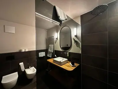 a bathroom with a toilet and a sink and a mirror at Ciasa Milandura NEW SUMMER 2025 in San Cassiano