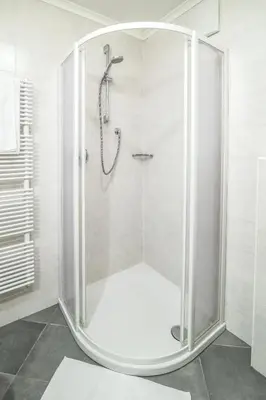 a shower with a glass enclosure in a bathroom at Apartments Heidenberger Fienili in Colle Isarco