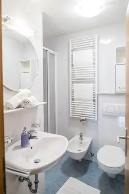a white bathroom with a sink and a toilet at Apartments Heidenberger Fienili in Colle Isarco