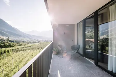 a balcony with a view of a vineyard at Garni-Hotel Der Forsterhof in Lagundo