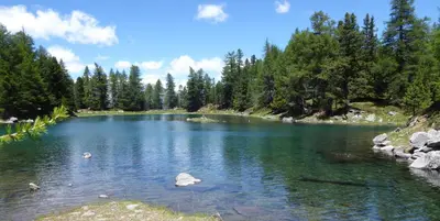 a blue lake with trees on the side of it at Garni Nunnemairhof in Schenna
