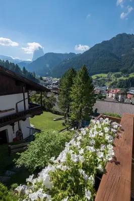 a bunch of flowers on a balcony with mountains at Garni Alba Bed & Breakfast in Ortisei
