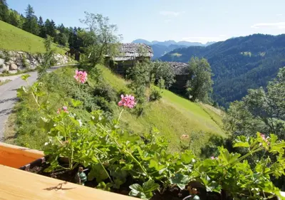 a view from the balcony of a house on a hill with flowers at Agriturismo Grones in San Martino in Badia