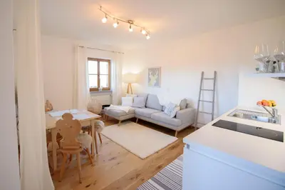 a kitchen and living room with a couch and a table at La Vinea in Caldaro