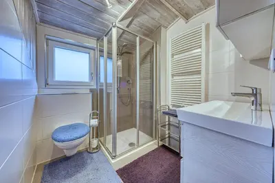 a bathroom with a shower and a toilet and a sink at Goldbichlhof in Lana