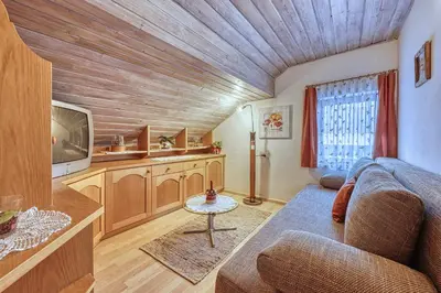 a living room with a couch and a tv at Goldbichlhof in Lana