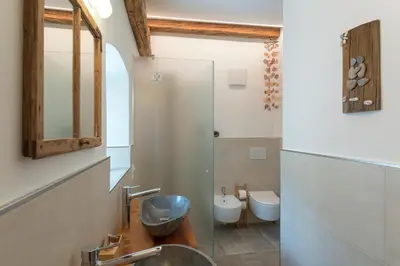 a bathroom with a sink and a toilet at Ansitz Mairhof in Parcines