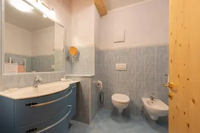 a bathroom with a sink and a toilet and a mirror at Hotel Des Alpes in Soraga