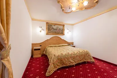 a bedroom with a bed and a red carpet at Hotel Torretta in Bellamonte