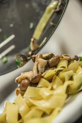 a plate of food with mushrooms and pasta at Hotel Olaga in Valdaora