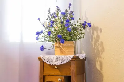 a vase of blue flowers sitting on top of a table at Hotel Garnì Ai Serrai in Rocca Pietore