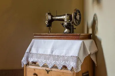 an old sewing machine sitting on top of a box at Hotel Garnì Ai Serrai in Rocca Pietore