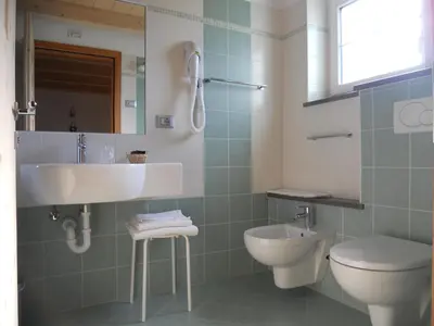a bathroom with a sink and a toilet at Affittacamere Famiglia Ceschini in Tesero