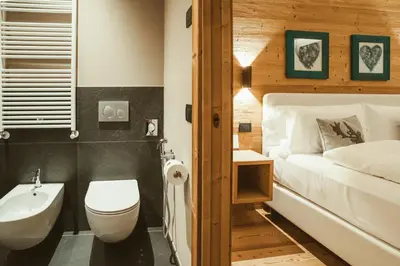 a bathroom with a toilet and a sink and a bed at FIORI Dolomites Experience Hotel in San Vito di Cadore
