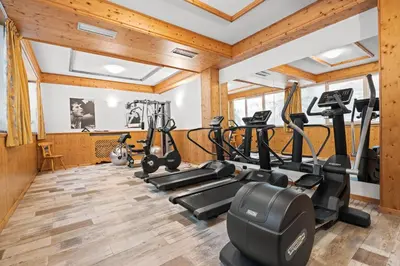 a gym with treadmills and elliptical machines at Aparthotel Princess in Canazei