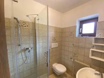 a bathroom with a shower and a toilet and a sink at Haus Sankt Peter in Lana