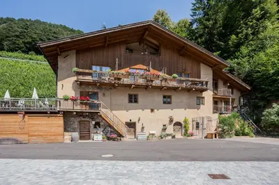 a large building with a balcony and a building with trees at Lexnhof in Montagna