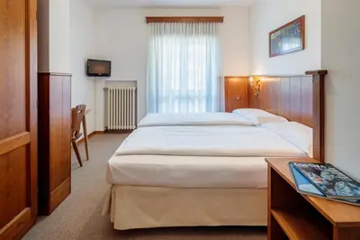a hotel room with a large bed and a desk at Hotel Al Larin in Cortina dʼAmpezzo