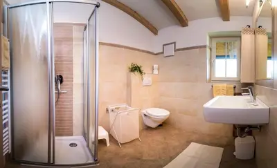 a bathroom with a shower and a toilet and a sink at Mareinhof - Urlaub auf dem Apfelbauernhof in Parcines