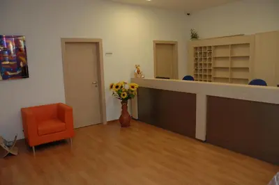 a waiting room with a vase of flowers and a chair at Hotel Fiera in Bolzano